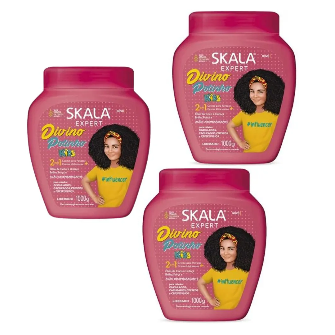 Lot of 3 Skala Divino Potinho Kids Combing Cream Curly Hair Treatment Mask 1Kg