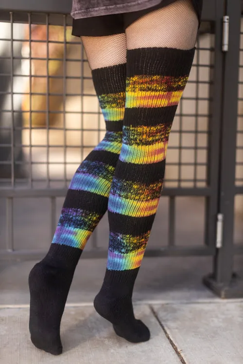 Marled Striped Tie Dyed Thigh High Socks