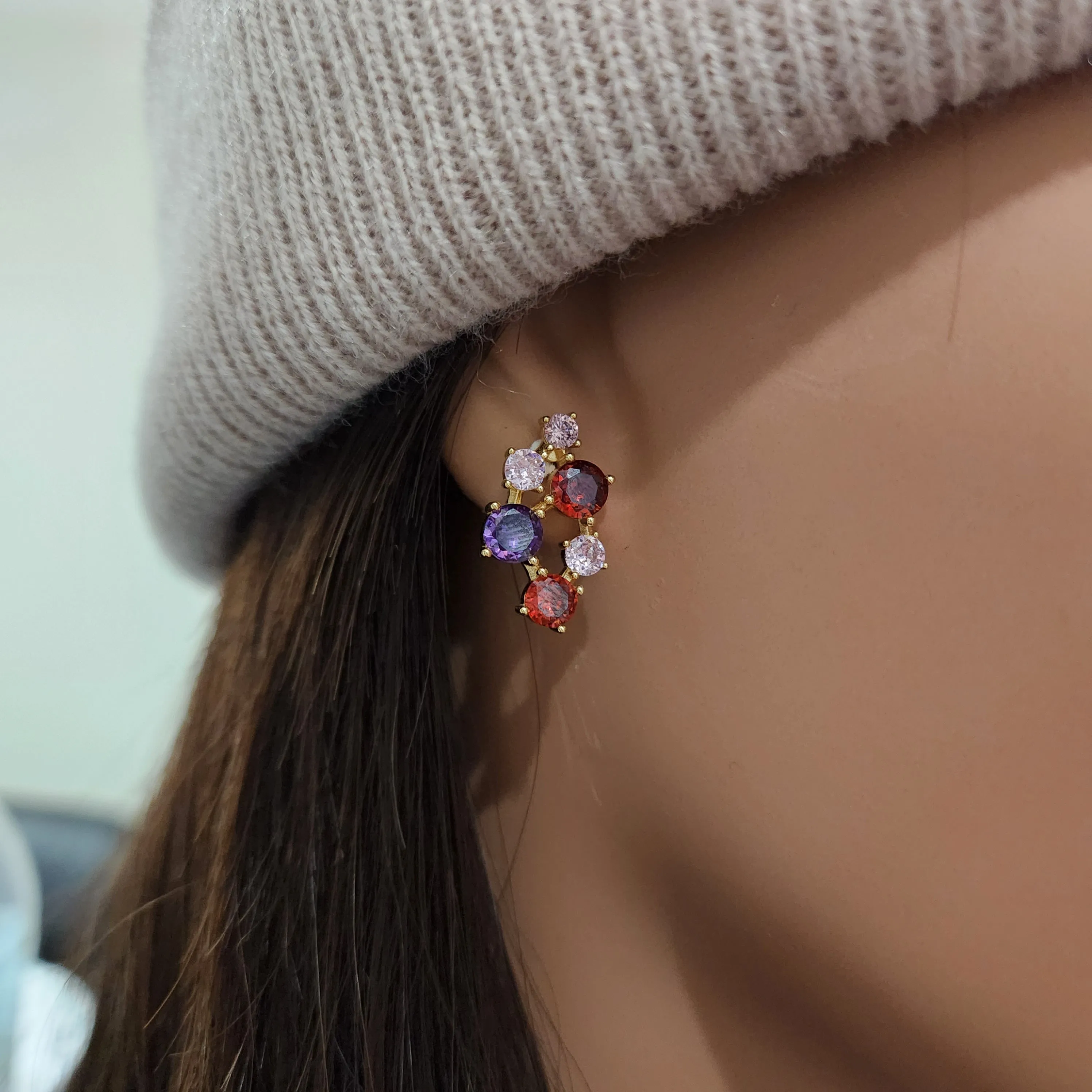 Sterling Silver Gold Plated Multicolor CZ Cluster Stud Earring